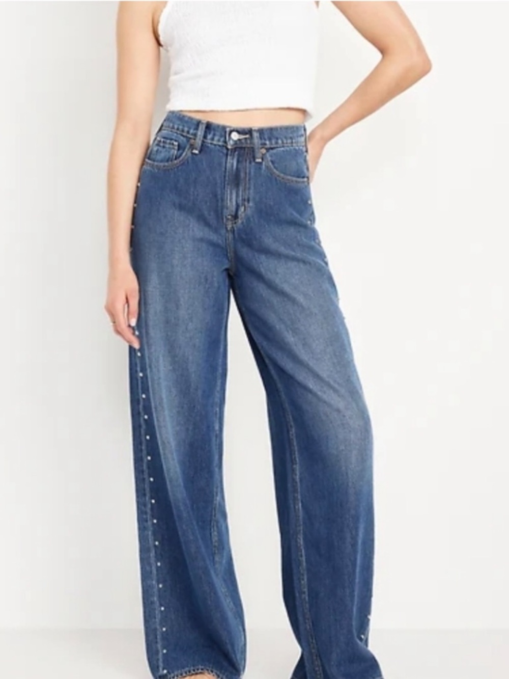 Old Navy NEW STUDDED HIGH RISE BAGGY WIDE LEG Women's Blue DENIM Jeans Sz 12